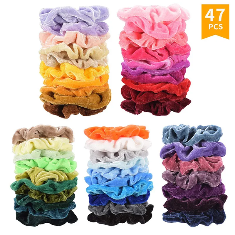 Eine Packung mit 47-teiligen Samt-Haargummi-Sets für Damen und Mädchen, elastische Haargummibänder, Zubehör, Gummiband, Haarring, Seil, Pferdeschwanzhalter