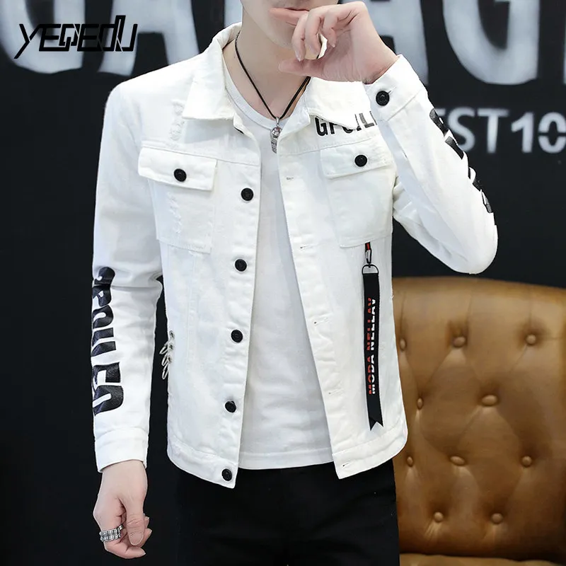 Primavera 2019 Chaquetas De Delgada Para Hombre Motorista Hip Hop Cintas Destruye Chaqueta De Jeans Rotos Para Hombres Streetwear Blanco / Rojo Negro De 28,83 € | DHgate