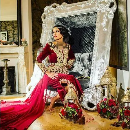 Lorie Caftan Karakou Algérien Robes De Bal Formelles À Manches Longues 2020 Bourgogne Velours Or Dentelle Sirène Peplum Occasion Robes De Soirée