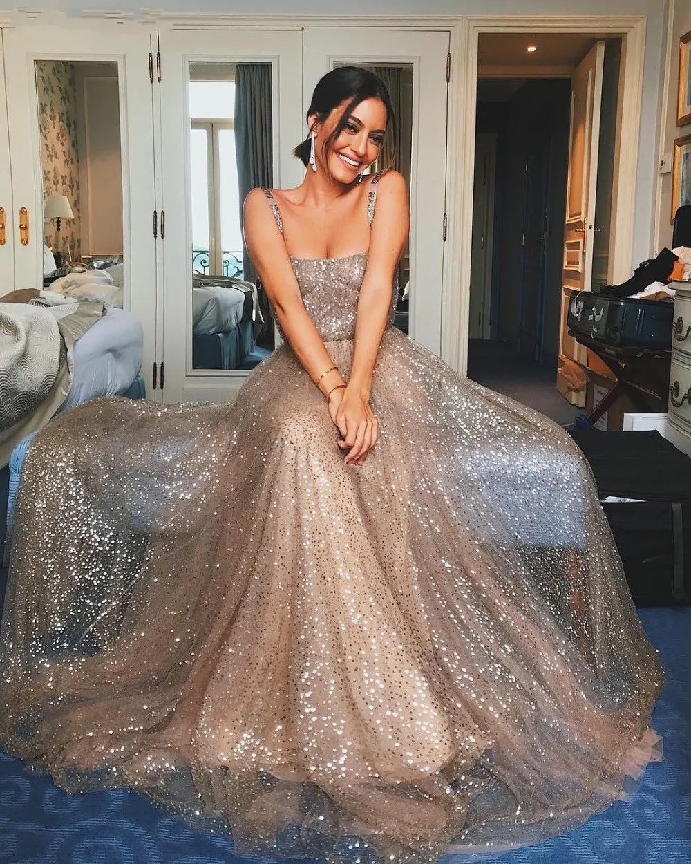 Rose gold cheap sparkly prom dress