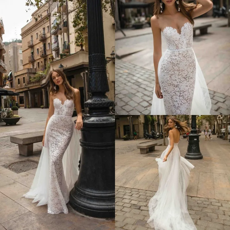 2019 Berta Lace Mermaid Wedding Dresses With Detachable Train V Neck Backless Sweep Train Bridal Gowns Custom Made Wedding Dress