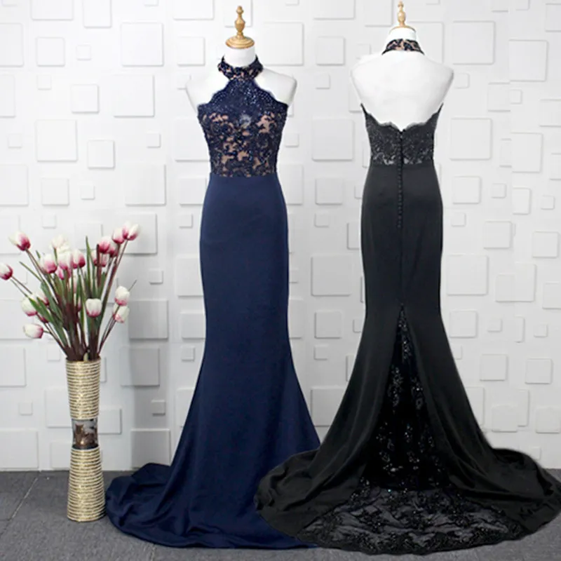 Appliques perlées sirène robes de demoiselle d'honneur avec licou cou 2020 bleu marine noir longue robe formelle pour la fête