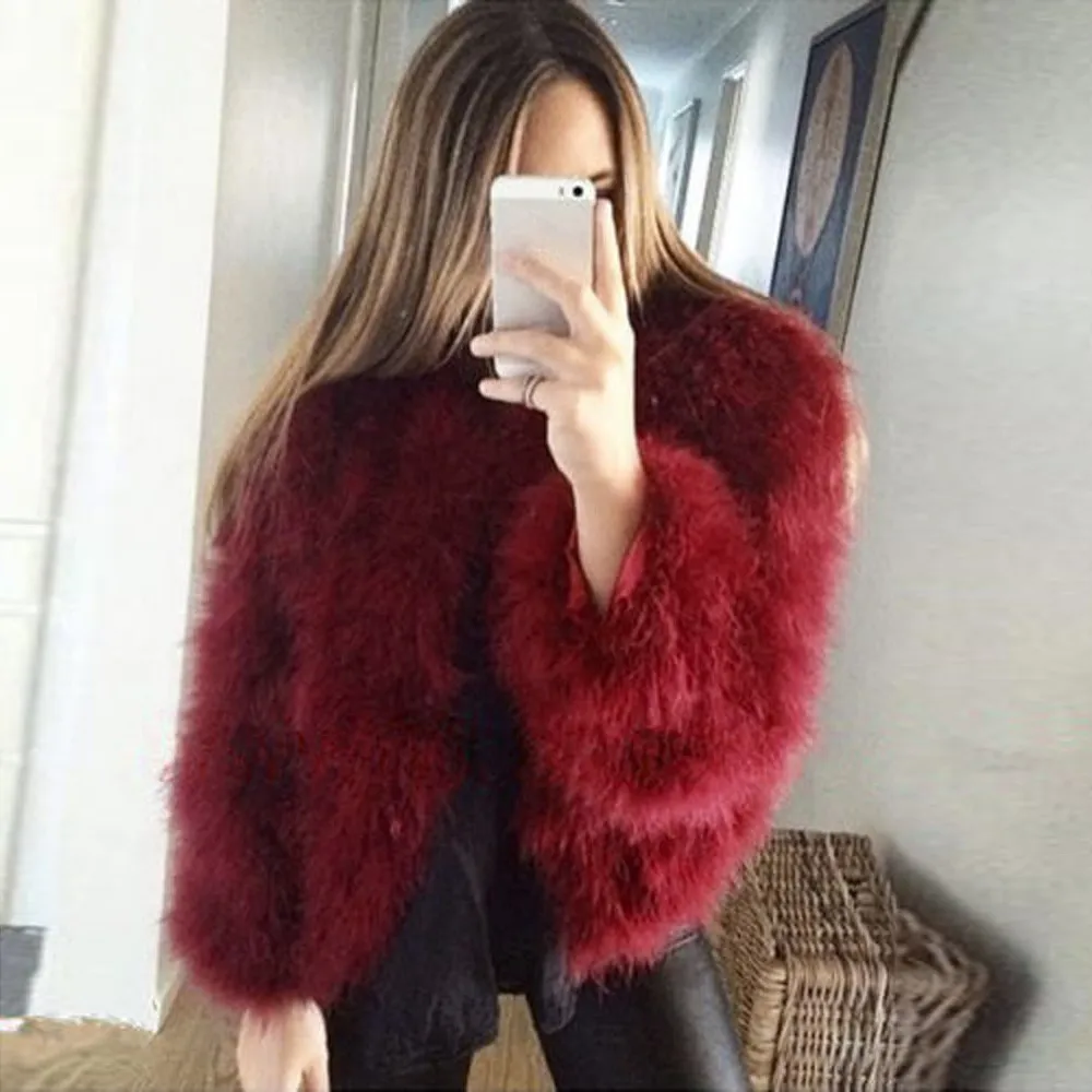 Kvinnor Furry Faux Fur Coat Soft Ostrich Fjäder Fake Fur Jacka Vinter Varm Ytterkläder Vintage Party Short Outwear # T2G