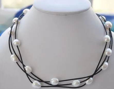 Wholesale 3row 18 "14mm rice white pearl black leather necklace