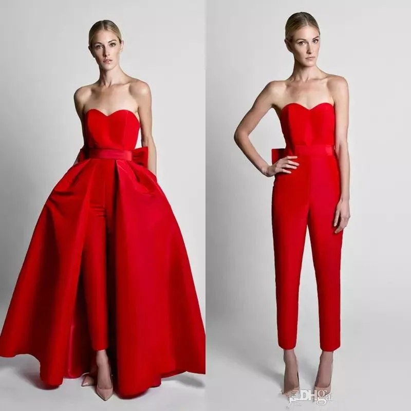 Krikor Jabotian Evening Dresses Jumpsuit Satin Bow Tillbaka Med Avtagbar Kjol Ny Formell Klänning Sweetheart Neck Golvlängd Prom Dress