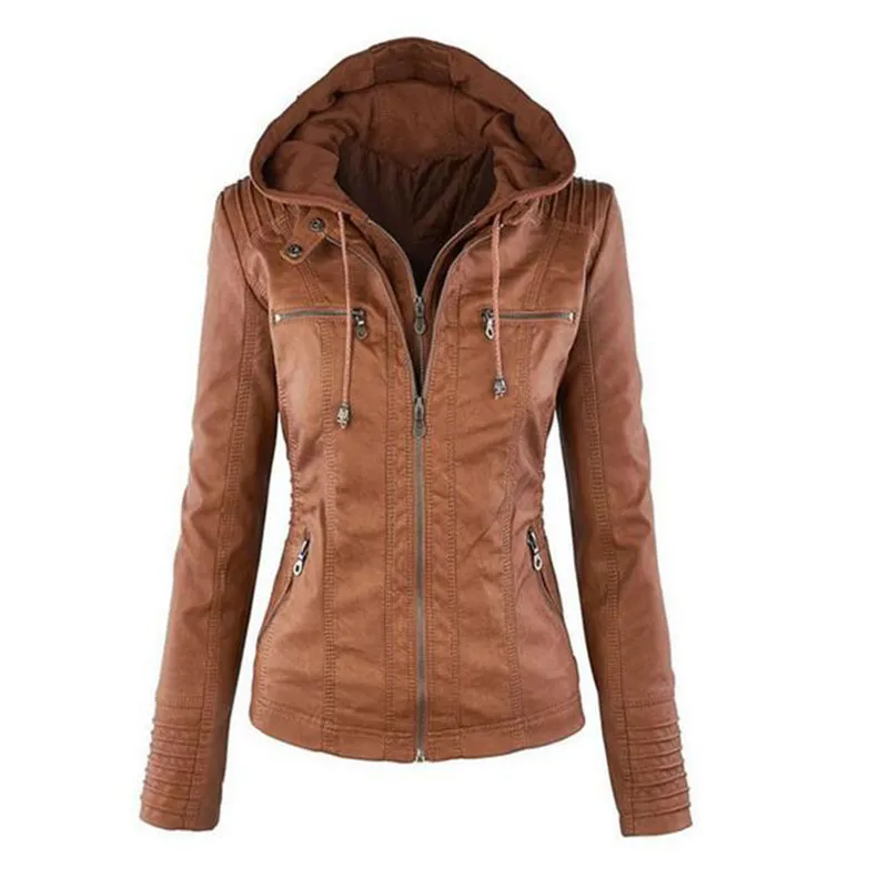 Mode-Dames PU Lederen Jas Hooded Revers Rits Zakken Verwijderbare Jassen Coat Plus Size S-7XL Gratis verzending