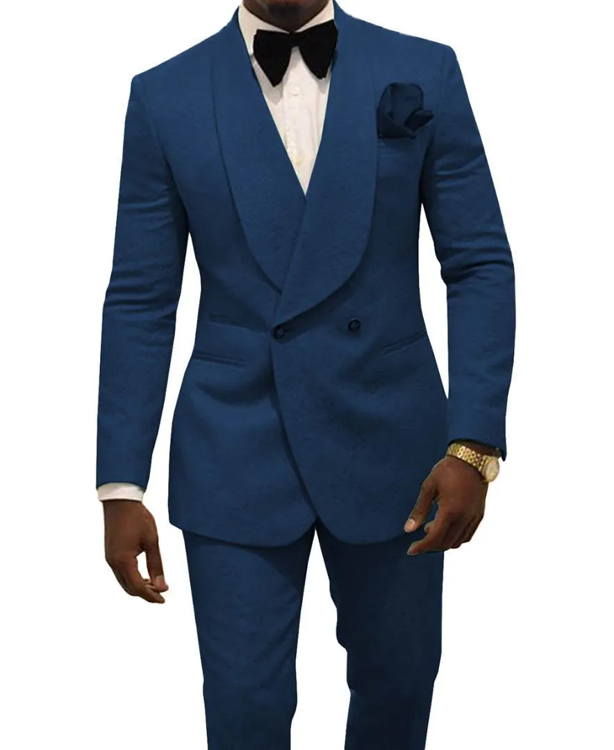 Nyaste dubbelbröst Navy Blue Paisley Groom Tuxedos Sjal Lapel Män Passar 2 stycken Bröllop / Prom / Dinner Blazer (Jacka + Byxor + Tie) W746