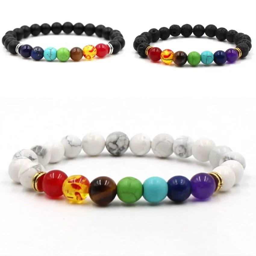 Hoge kwaliteit vulkanische stenen armband 8mm tijgeroog zwart lava 7 chakra kralen armbanden flexibele touw charme vrouwen armband 10 stijlen