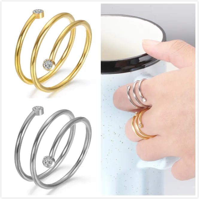 Neue Gold Silber Edelstahl Damen Offener Kreis Fingerring Strass Personalisierte Ringe Schmuck Valentinstag Geschenke für Frauen Großhandel