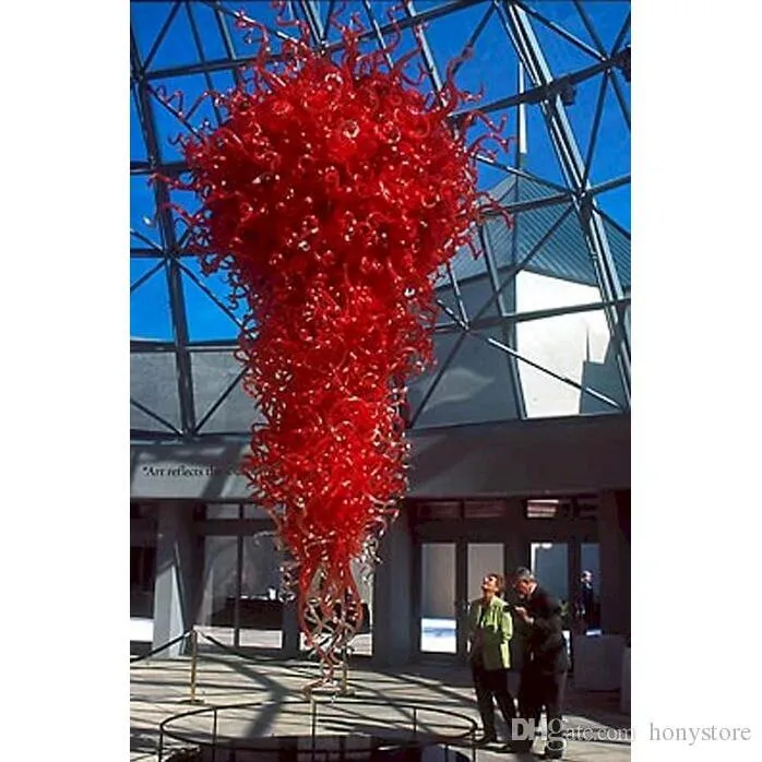 Plafonnier en verre d'art rouge de grande taille, lampe suspendue à chaîne soufflée à la main pour décoration d'église de musée