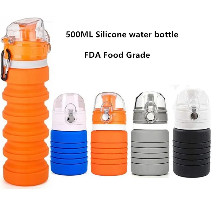Bouteille d'eau pliable en silicone 500 ml 17 oz rétractable pliant voyage potable bouteille d'eau de sport FDA de qualité alimentaire bouteille en silicone tasses