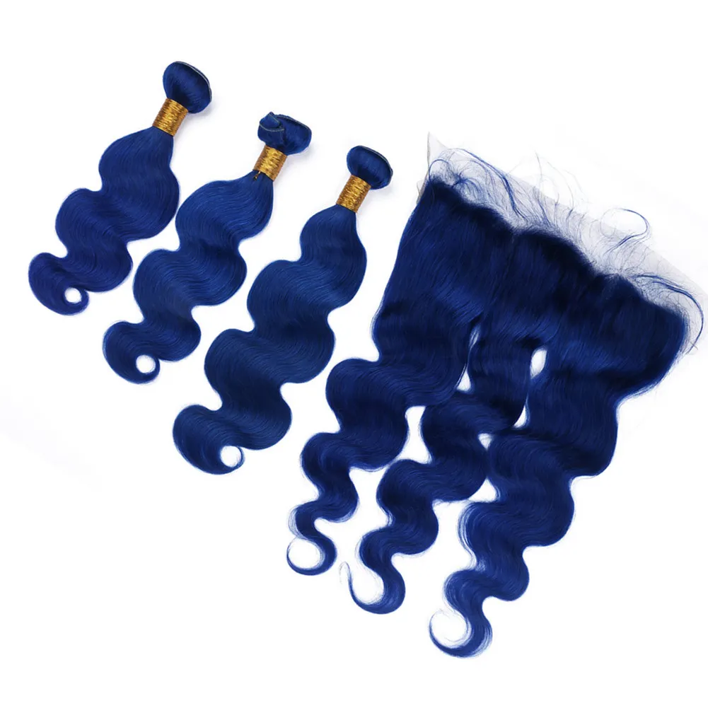 Onda del corpo brasiliana Tessuto blu scuro Capelli umani 3 pacchi con estensioni dei capelli vergini ondulati di colore blu frontale con chiusura completa in pizzo 13x4 "