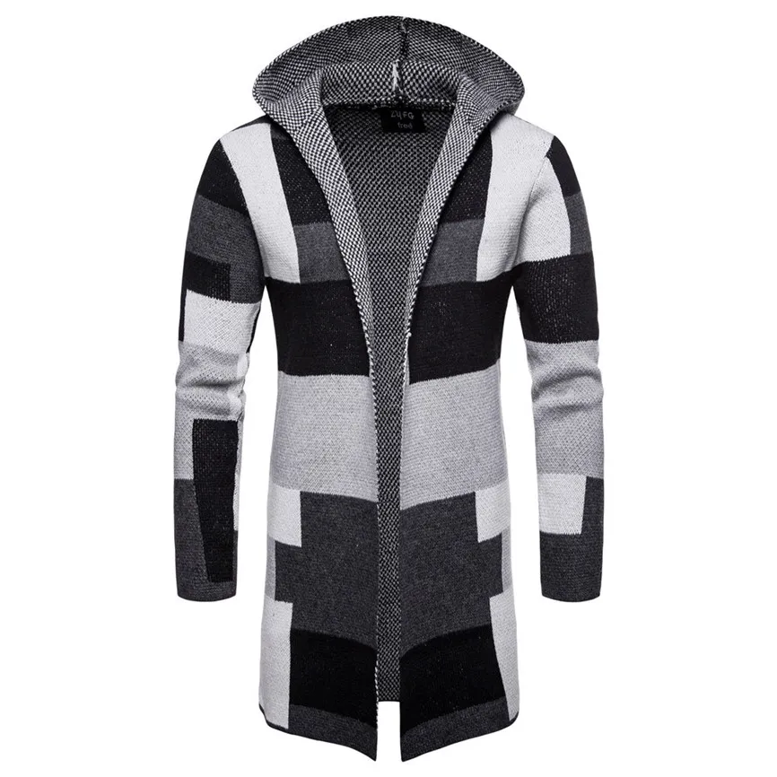 Yeni 2019 Casual erkek Ceketler erkek Kapşonlu Katı Örgü Patchwork Coat Ceket Hırka Uzun Kollu Adam Ceketler Tops Büyük Boy