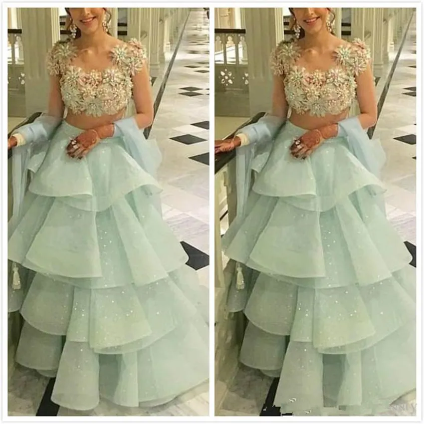 2020 Nova Aso Ebi Árabe duas peças Sexy Índia Vestidos Pérolas mangas Prom Dresses Tulle formal do partido Segundo Vestidos Recepção 2077