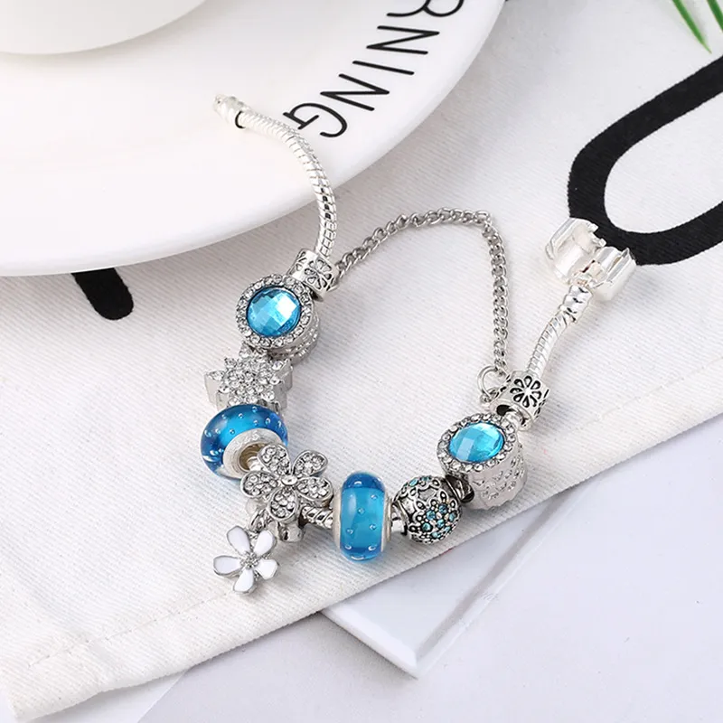 Wholesale- Charm Pink/blue Bead Pandora Bracelet for Women's Heart Key Pendant Snake Bone Bracelet Jewelry