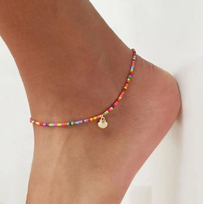 Czechy Popularne damskie powłoki Ręcznie robione zroszony Anklets Proste Kolorowe Koraliki Ryżowe Złoto Silver Seashell Charm Wisiorek Anklet Bransoletka Biżuteria