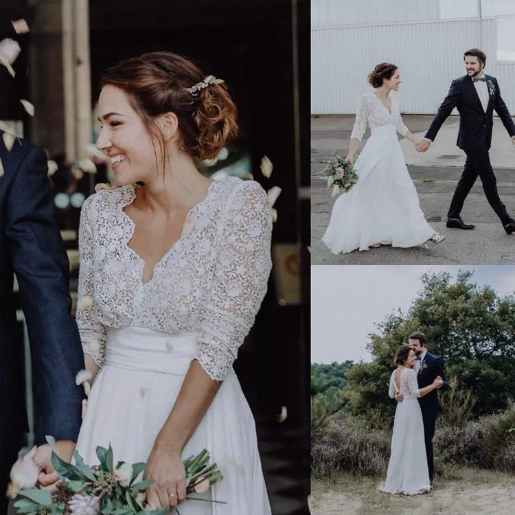 Élégante ligne A col en V dos nu manches longues robes de mariée 2019 dentelle mousseline de soie jardin longueur de plancher robes de mariée