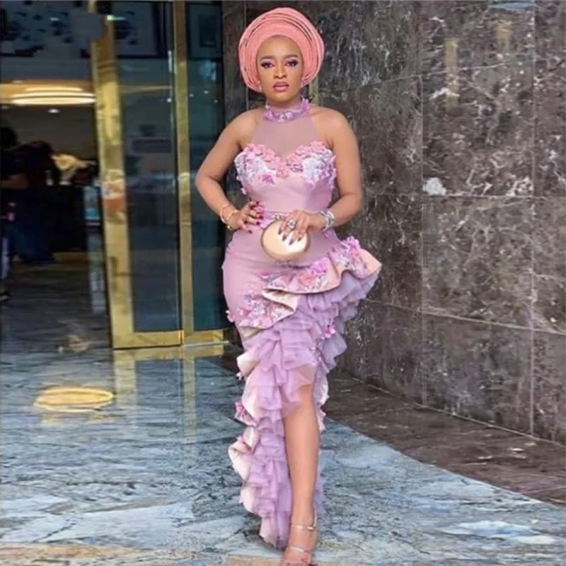 Oregelbunden aso ebi sjöjungfrun kvällsklänning med halter sheer nacke ruffled hög slit plus storlek prom klänning afrikanska kvinnor formella festklänningar