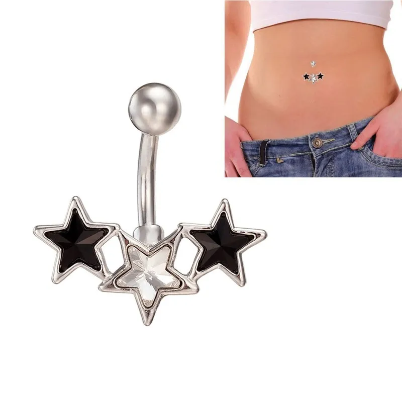 Basit Stil Blackwhite 3 Yıldız Dangle Küçük Halter Belly Button Göbek Halkası Cerrahi Çelik Vücut Piercing Takı