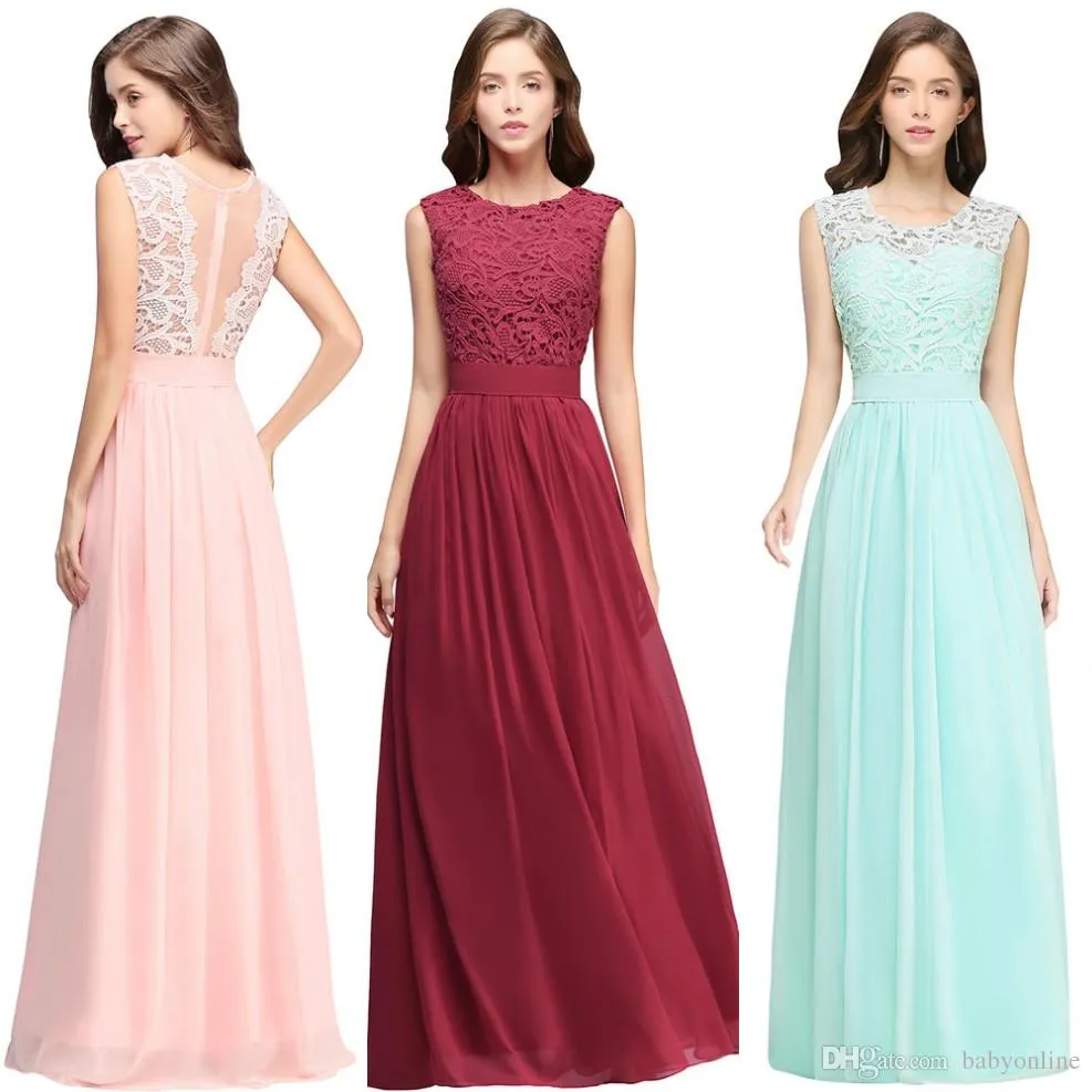 Barato Rendas Chiffon Dama de Honra Vestidos Country Estilo Nova Empregada de Honra Vestidos Uma Linha Longa Wedding Guest Dresses CPPS489