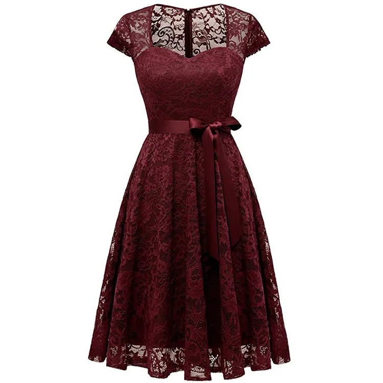 Red Love Collar Red Lace Homecoming Dress With Short Sleeves 2020  