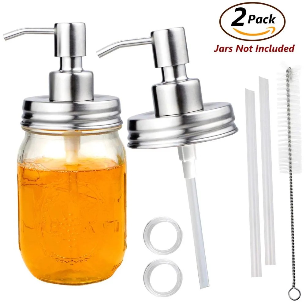 304 Rostfritt stål Mason Jar Dispenser Badrumstillbehör 2 Pack Set Soap Dispenser lock