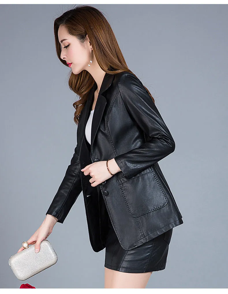 Women s Plus Size Faux Leather Jacket Stylish Longline Coat for Spring Autumn