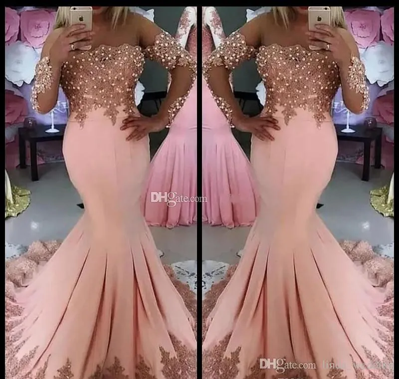 2019 Cheap Pink Prom Dress Mermaid Off Shoulder Long Sleeves Formal Holidays Wear Graduation Evening Party Gown Custom Made Plus Size