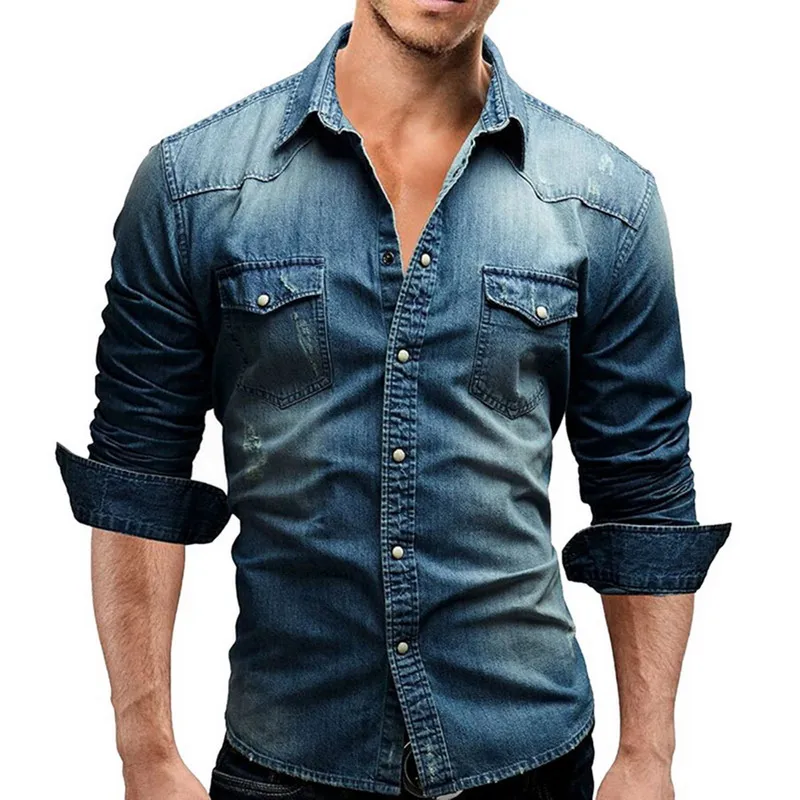 Men's Casual Shirts Denim Shirt Men Cotton Jeans Fashion Autumn Slim Long Sleeve Cowboy Stylish Wash Tops Asian Size 3XL271U