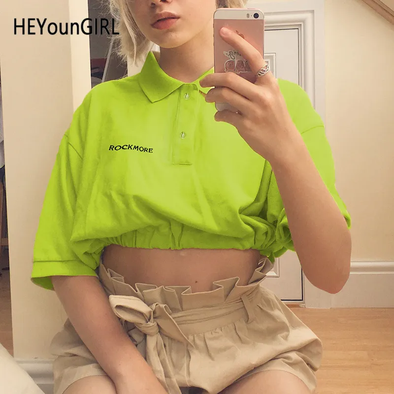 Heyoungirl الكورية نمط النيون الأخضر السيدات تي شيرت نصف كم عارضة t-shirt امرأة بدوره أسفل الياقة المتناثرة تي شيرت المرأة