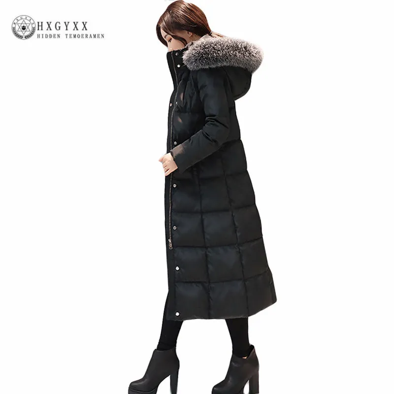 2018 Chaqueta de plumas de ganso Mujer Pato de invierno Abrigo largo más el tamaño con capucha Parka Ropa de Ropa interior delgada negra Okd365