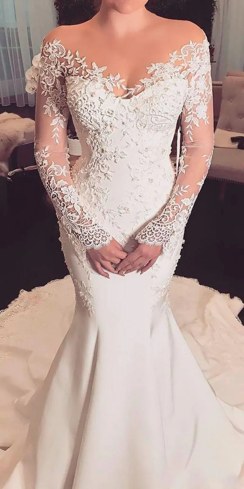 Suknie ślubne Koronki Mermaid 2020 Robe de Mariee Sheer Vintage Lace Długim Rękawem Suknie Ślubne Suknie Ślubne Vestidos de Noiva