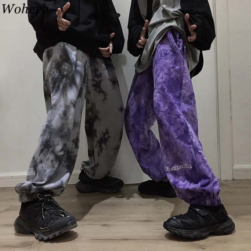 Woherb Harajuku Pantaloni Cargo Donna e Uomo Moda Streetwear Lettera Ricamo Modis Tie Dye Pantaloni Pantaloni Pantalones 2020Nuovo