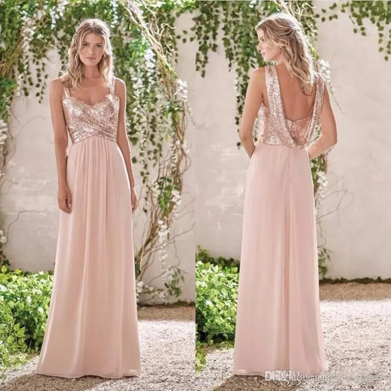 2019 Sparkly Rose Gold Sequin Land Stijl Bruidsmeisjes Jurk Chiffon Maid of Honour Jurk Bruiloft Gastjurk Custom Made Plus Size