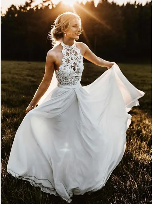 Boho Chic: High Neck Lace Halter Boho Beach Wedding Dress In Chiffon For  Summer Country, Beach & Long Length Plus Size Available At Affordable  Prices From Bridalstore, $74.9