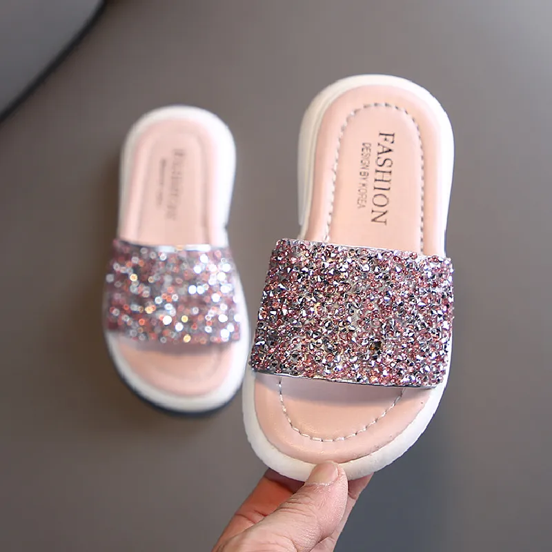 Tjejer Tofflor Barnskor Sommar Glitter Sequin Tofflor Utomhus Barn Strandskor Prinsessan Sandal Flat Outdoor Flip Flop