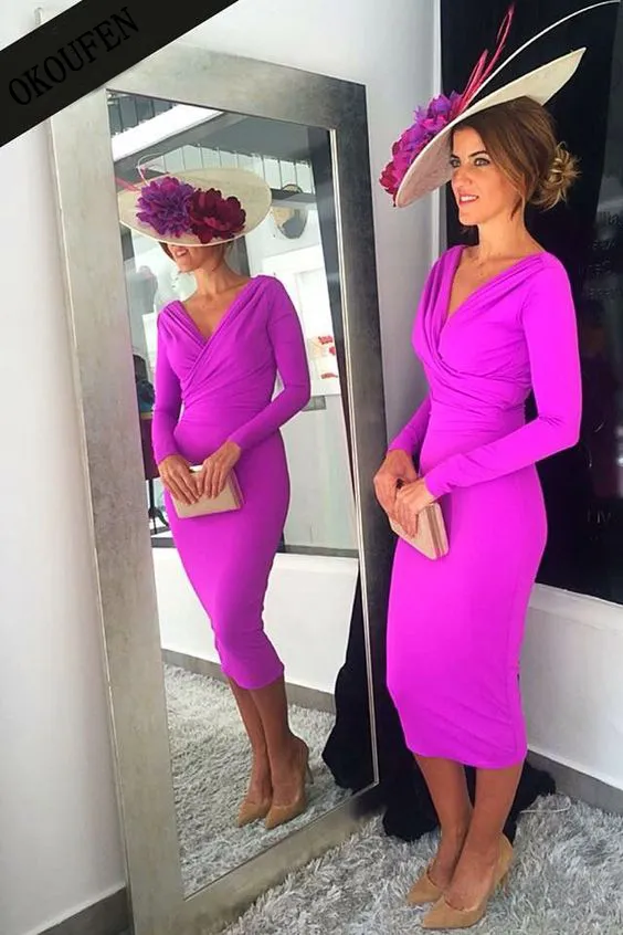 Simple Mother of the Bride Dresses 2024 Tea Length Women Long Sleeves V-Neck Fuchsia Party Gowns vestido de madrinha farsali farsali