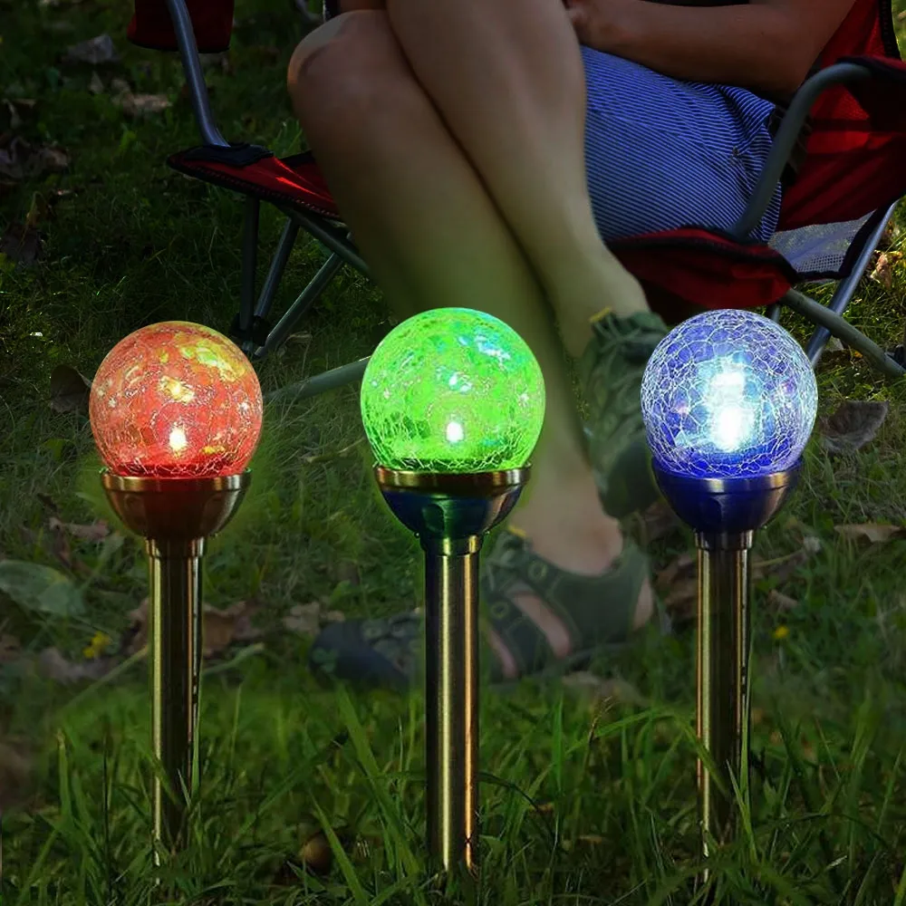 2pcs Solar Crackle Glass Globe Light LED Color Changing Lawn Lamp Outdoor Decorative Lighting