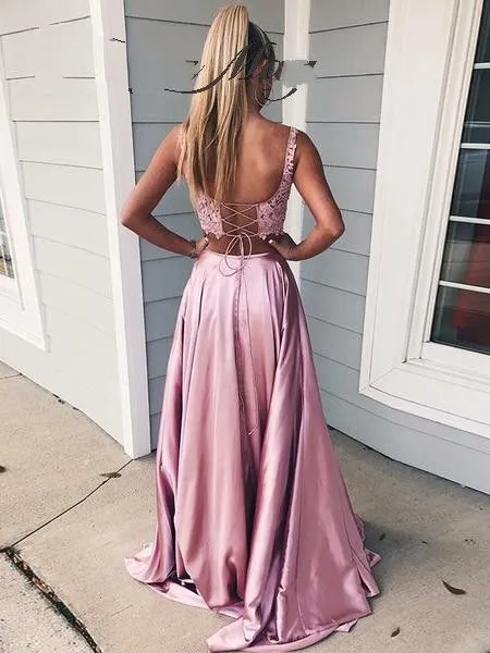 Sexy Square Neckline Lace Top 2 Pieces Prom Dresses with Split Slit Pockets Lace up Satin Long Graduation Dress Evening Party Gowns