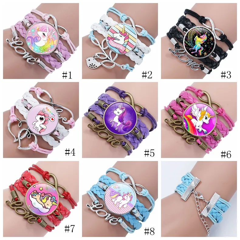 Flicka Unicorn Armband Multilayer Rainbow Hästtid Gemlar Armband Mode Läder Charm CHAIN ​​Cord Bangle Kids Smycken Tillbehör