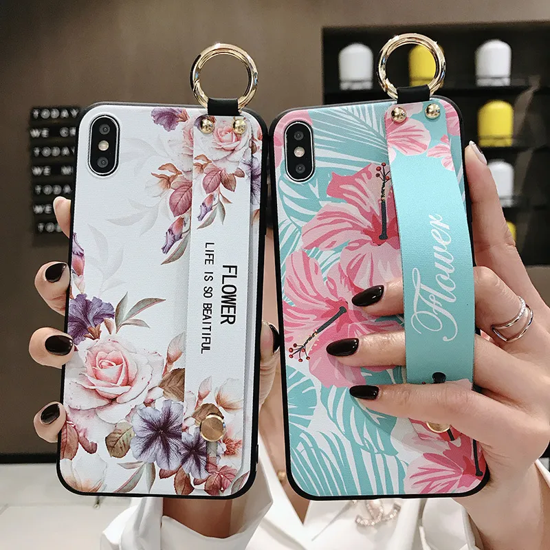 Çiçekler Telefon Kılıfı iphone 12 Mini 11 Pro XS Max X XR 8 7 6 6 S Artı Kapak Bilek Kayışı El Bant Kılıfları Yumuşak TPU Kabartma Coque Standı Çapa