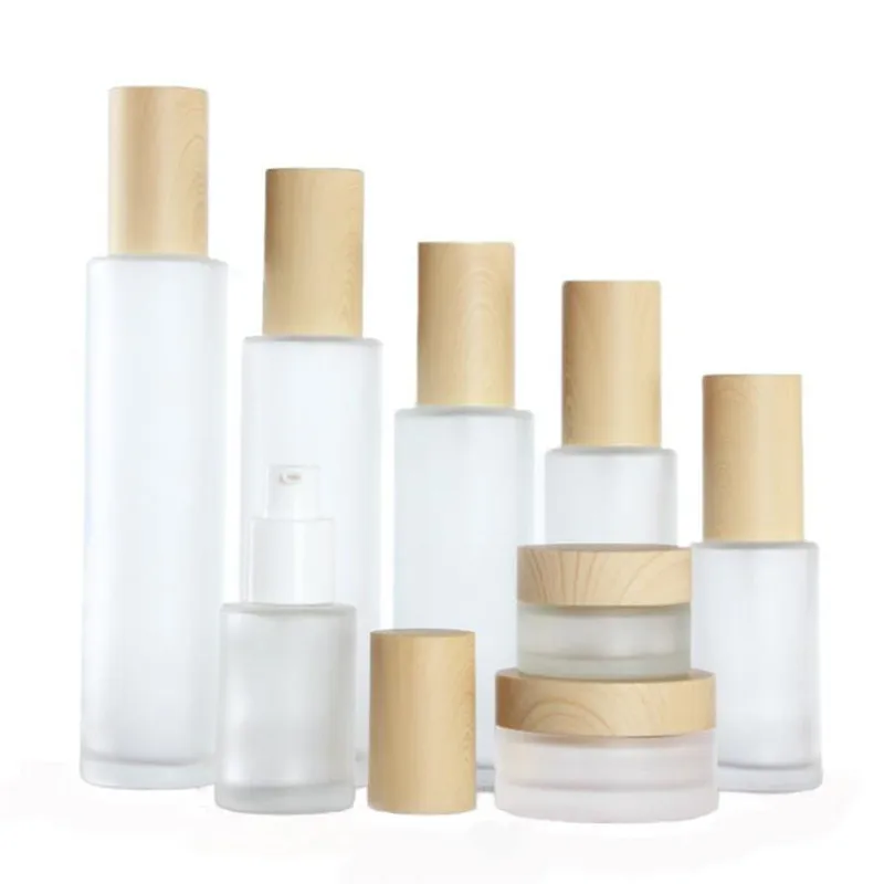 Frosted Glass Bottle Cream Jar with Imitated Wood Lid Lotion Spray Pump Bottles Portable Refillable Cosmetic Container Jars