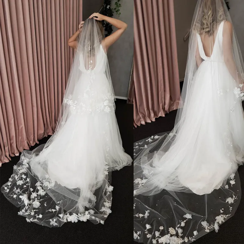 Trendy Two-Tier Chapel Length Shimmery Flower Lace Bridal Veil
