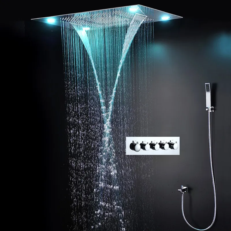 Lüks LED Duş Seti Gizli Tavan Şelale Yağış Duş Başlığı Paneli 600 * 800mm Banyo Büyük Yağmur Duş Bataryaları