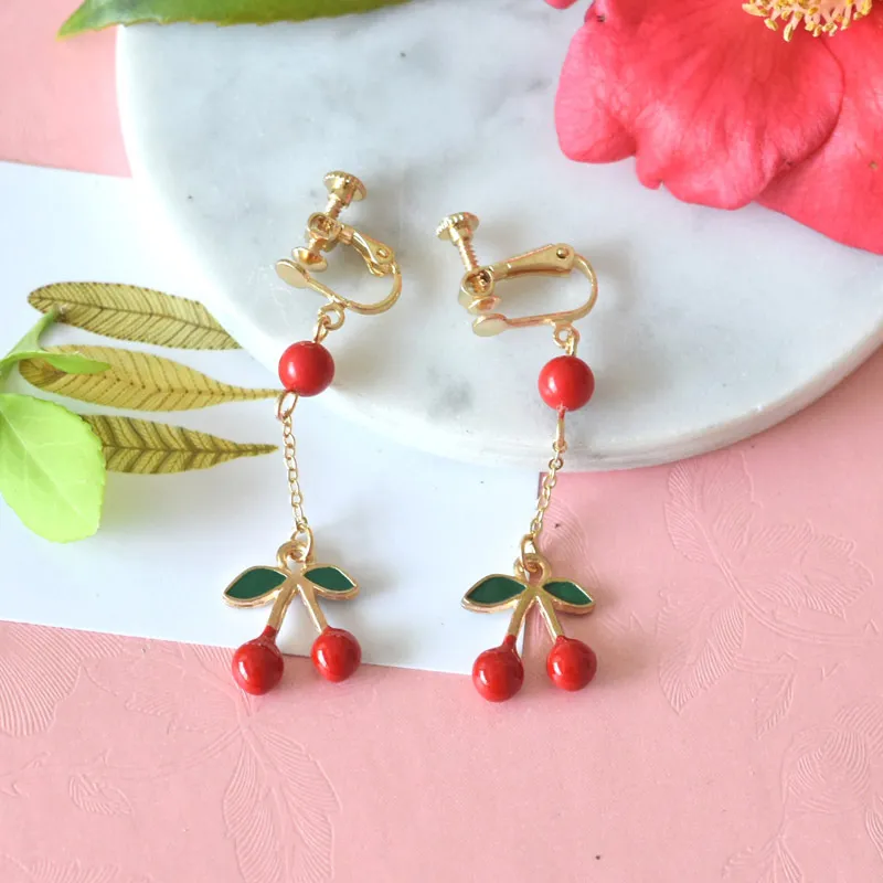 Fashion-Earrings For Women 925 Silver Fruit Ear Studs Long Cherry Earrings Clips Enamel Jewlery Wholesale