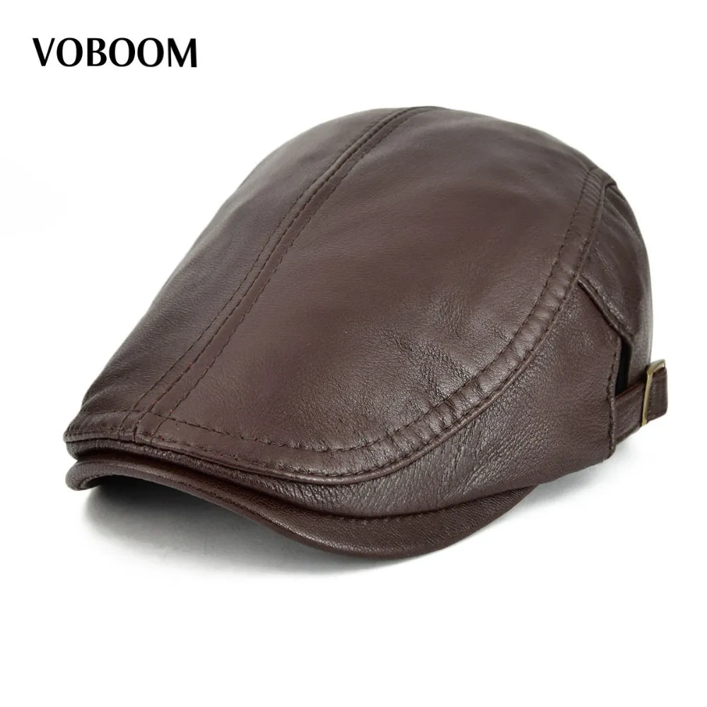VOBOOM SHEEPSKIN本物のレザーフラットキャップメンズ女性春夏のベレー帽の調節可能な通気性柔らかいキャビーニュースボーイハット121