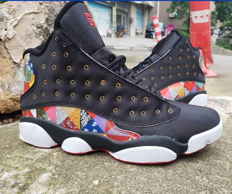 Новые 13 CNY Китайский Новый год Мужчины Баскетбольные Обувь Дешевый Черный Истинный Красный Белый Традиционный Китайский Пэчворк Стеганый Узор 13с Мужские кроссовки