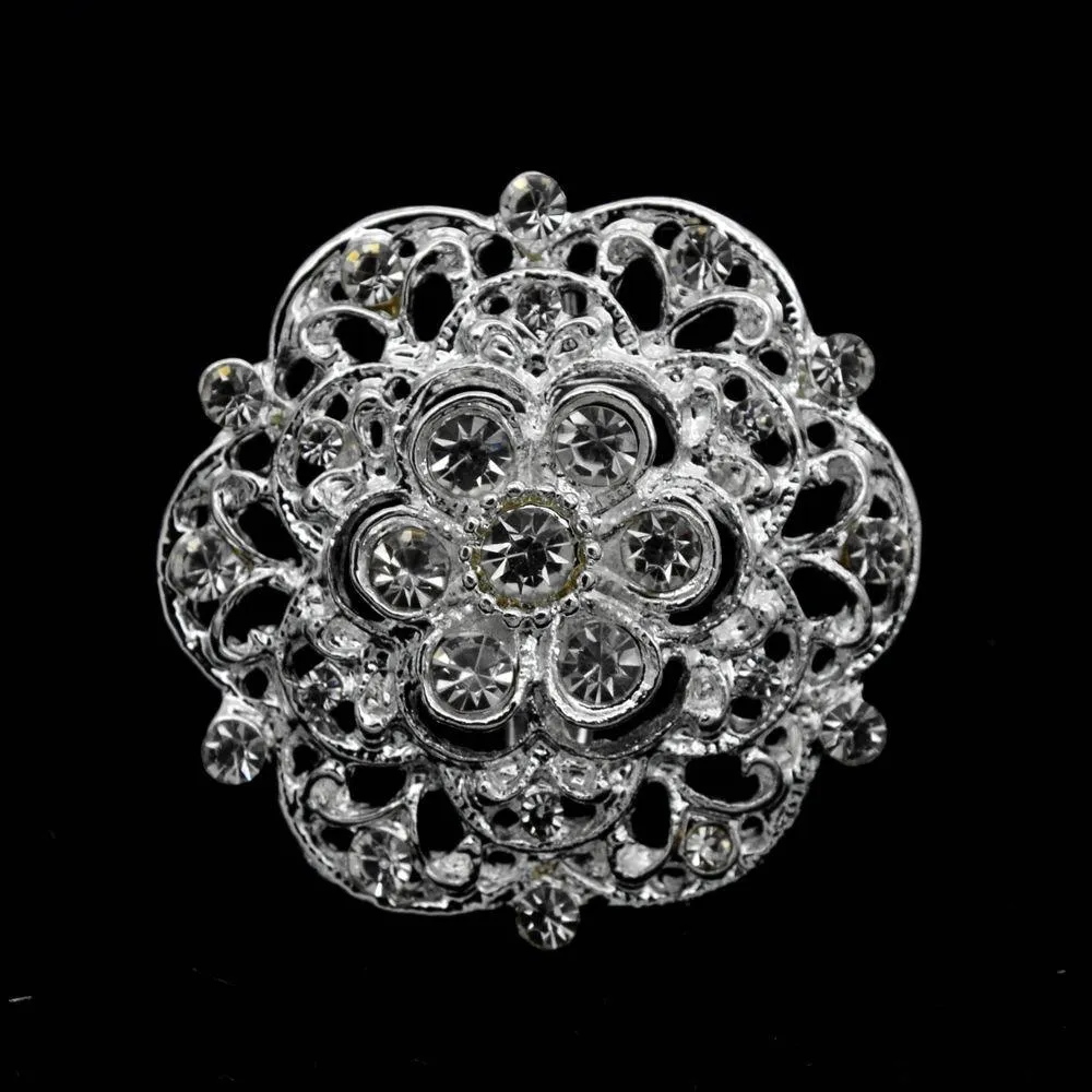1.3 Inç Sparkly Gümüş Kaplama Temizle Rhinestone Kristal Diamante Küçük Yuvarlak Çiçek Broş Pins Gelin Aksesuar
