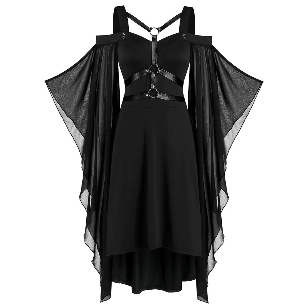 Casual Dresses Womne Vintage Dress Plus Size Cold Shoulder Butterfly Sleeve Lace Up Gothic Halloween Vestidos