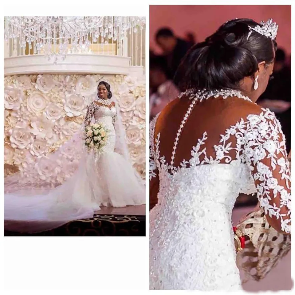 2019 Sheer Lace Appliques Manches Longues Sirène Robes De Mariée Perles Custom Made Robes De Mariée Formelle Plus La Taille Vestidos De Marrage